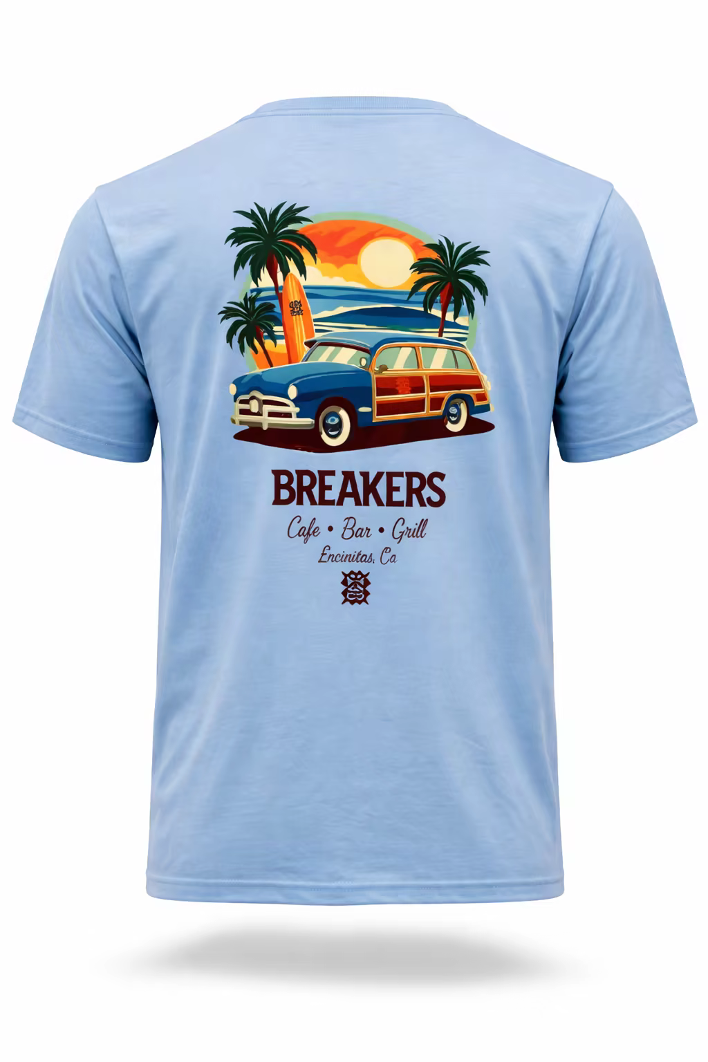 Breakers blue tee with sunset van artwork on the back